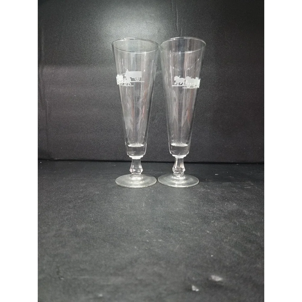Anheuser Busch Glass Pilsners, Set of 2, Clydesdales Wagon Etched, Beer‎ Glasses